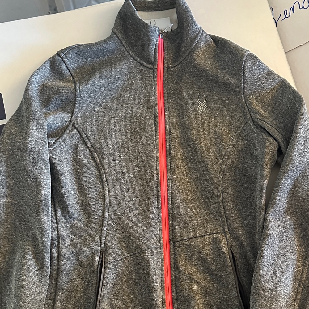 Gray Zip-Up Jacket with Red Accents